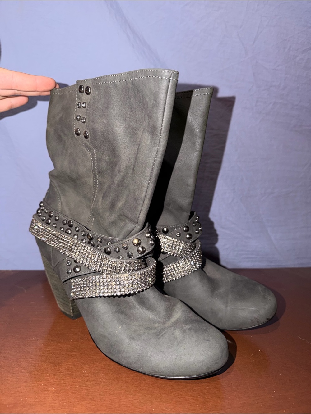 Gray Studded Rhinestone Strap Mid-Calf Heeled Boots